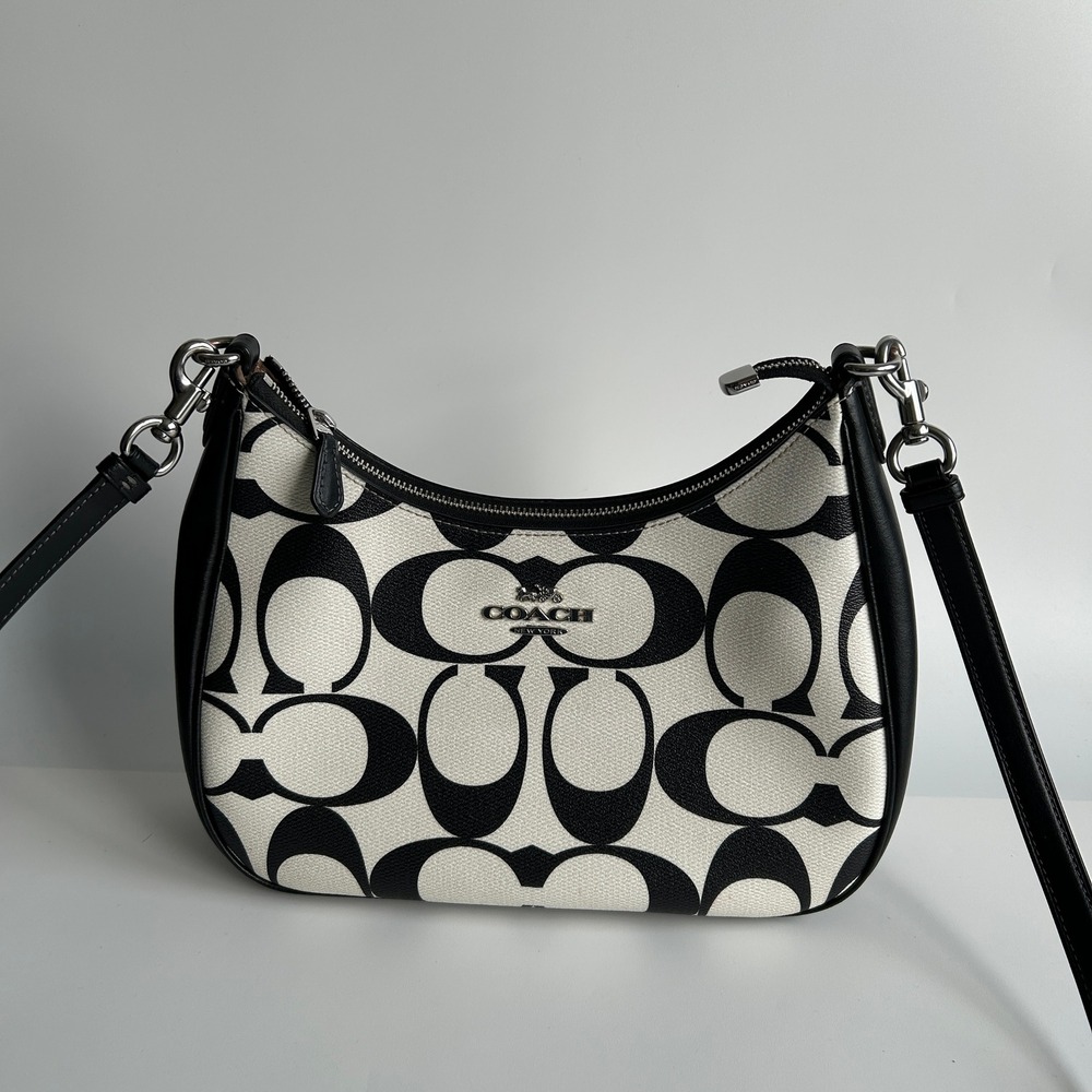 Coach Teri Shoulder Hobo Bag White Black Chalk Multi Signature Canvas CP065